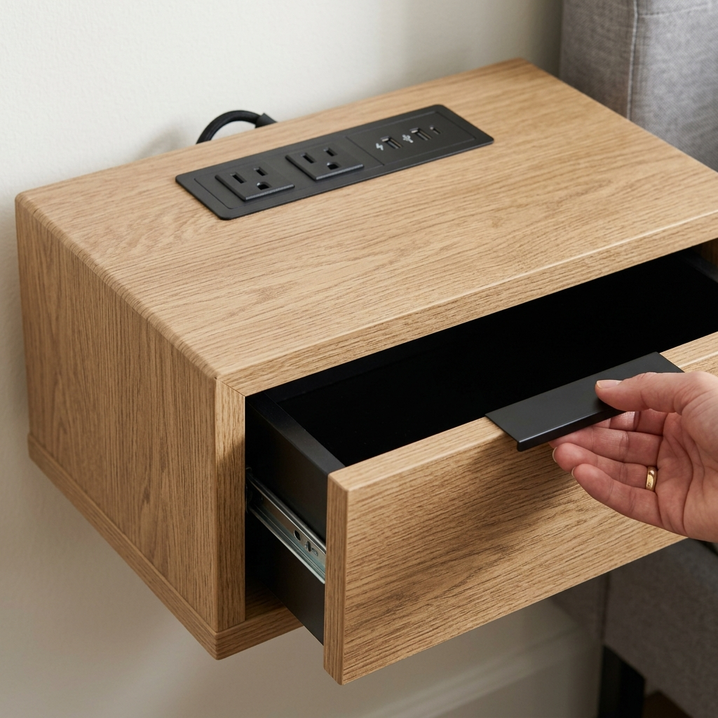 Quenzia Floating Nightstand with Drawer, Charging Station and Open Shelf - Image 2