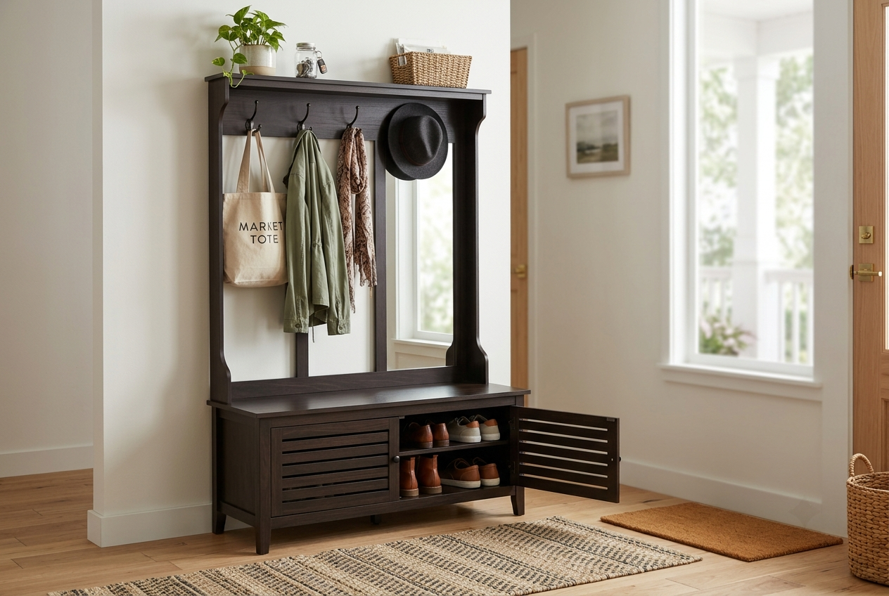 Quenzia Entryway Hall Tree with Coat Hooks, Mirror and Shoe Storage - Image 3