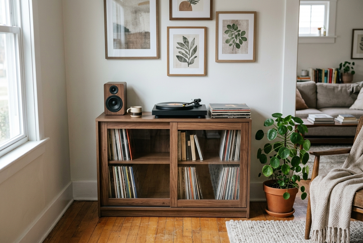 Quenzia Sliding Door Record Storage Cabinet with Adjustable Shelves - Image 3