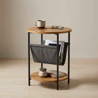 Quenzia Round Side Table with Magazine Sling and Storage Shelf