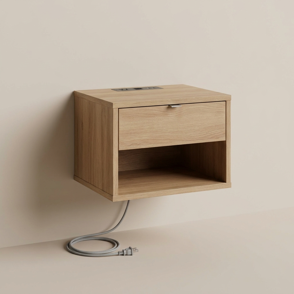 Quenzia Floating Nightstand with Drawer, Charging Station and Open Shelf