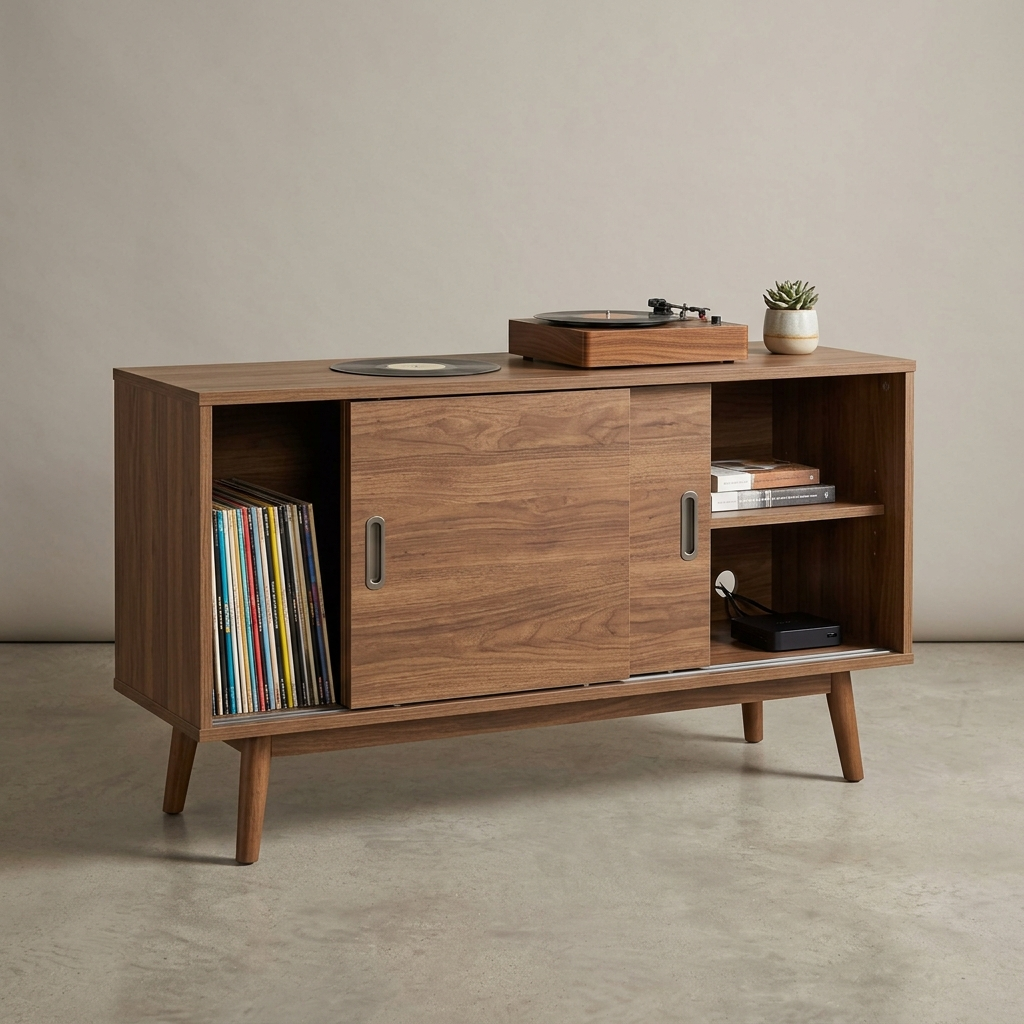 Quenzia Sliding Door Record Storage Cabinet with Adjustable Shelves