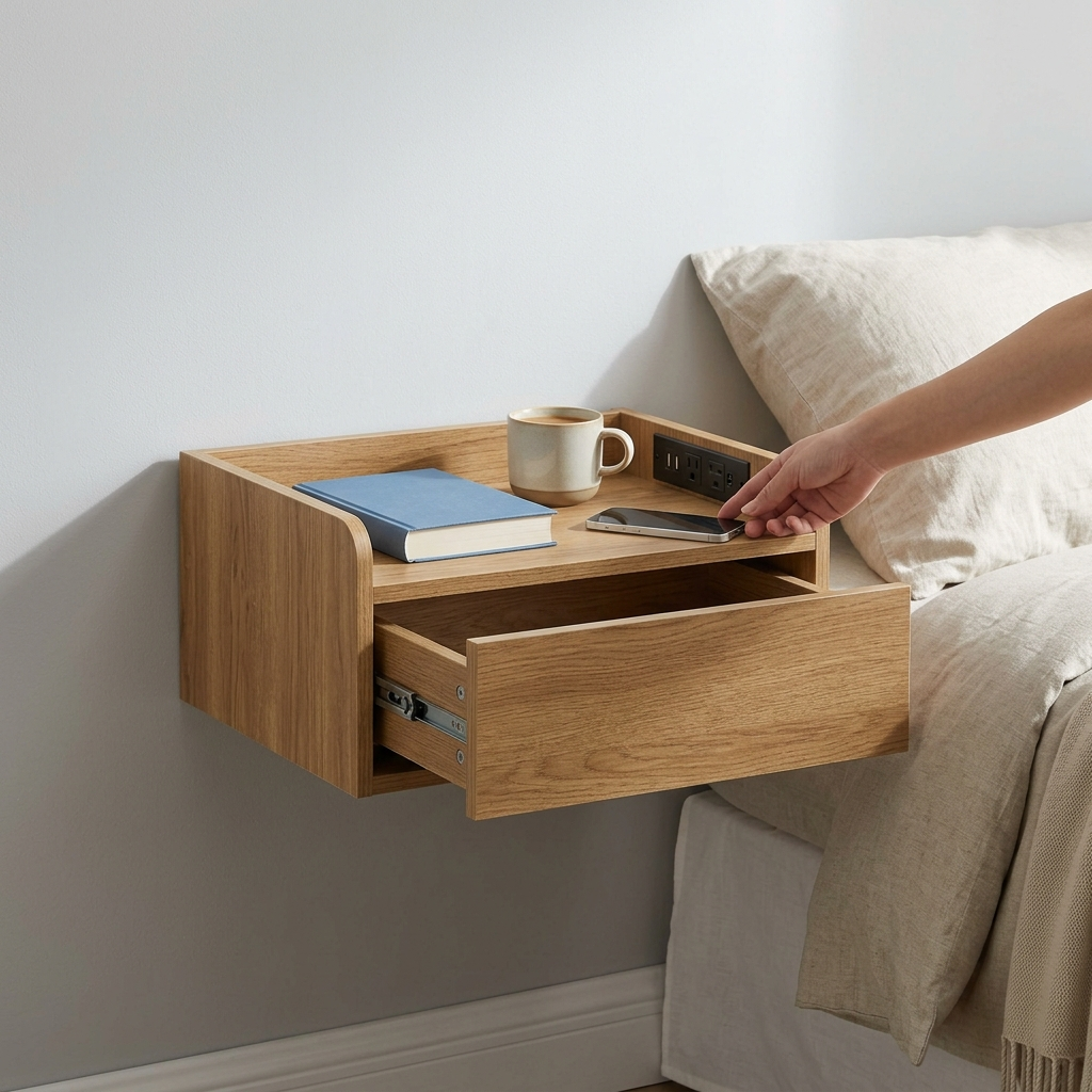 Quenzia Floating Nightstand with Drawer, Charging Station and Open Shelf - Image 4