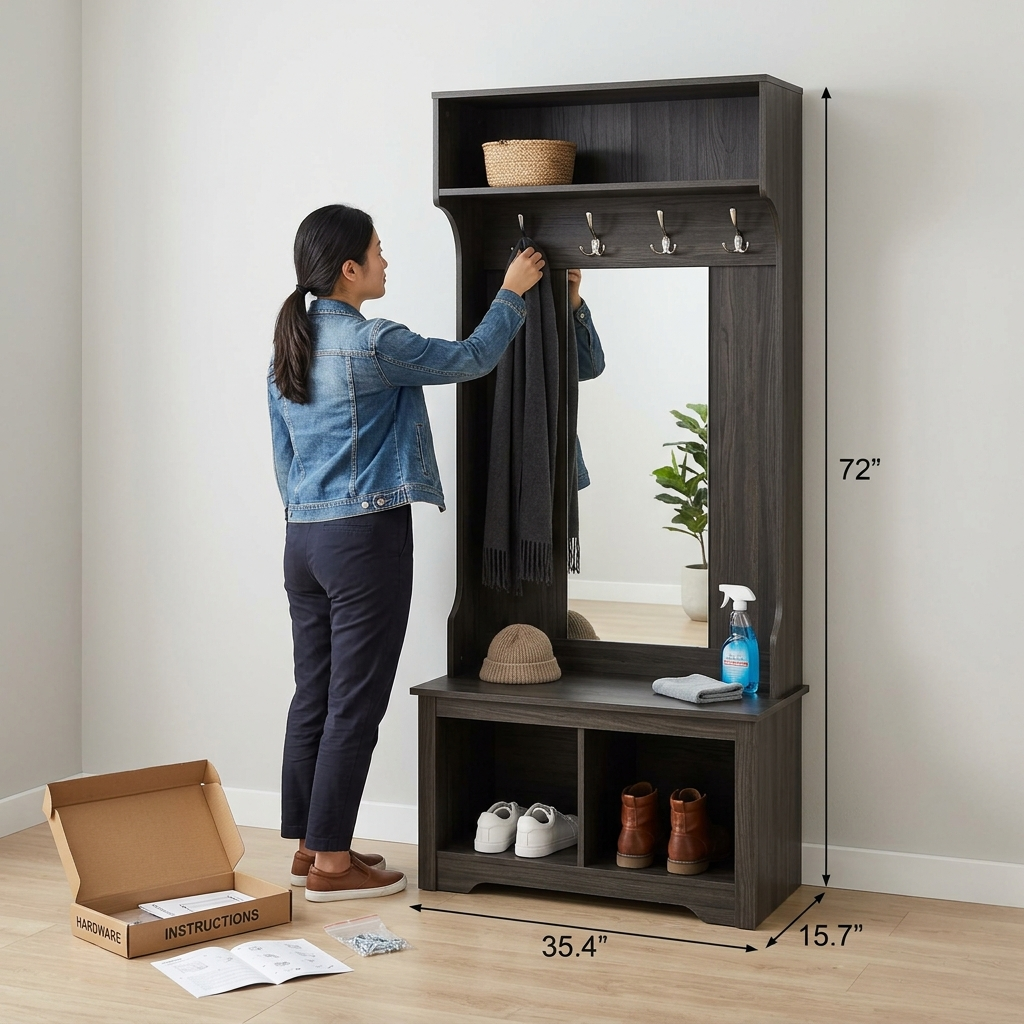 Quenzia Entryway Hall Tree with Coat Hooks, Mirror and Shoe Storage - Image 4