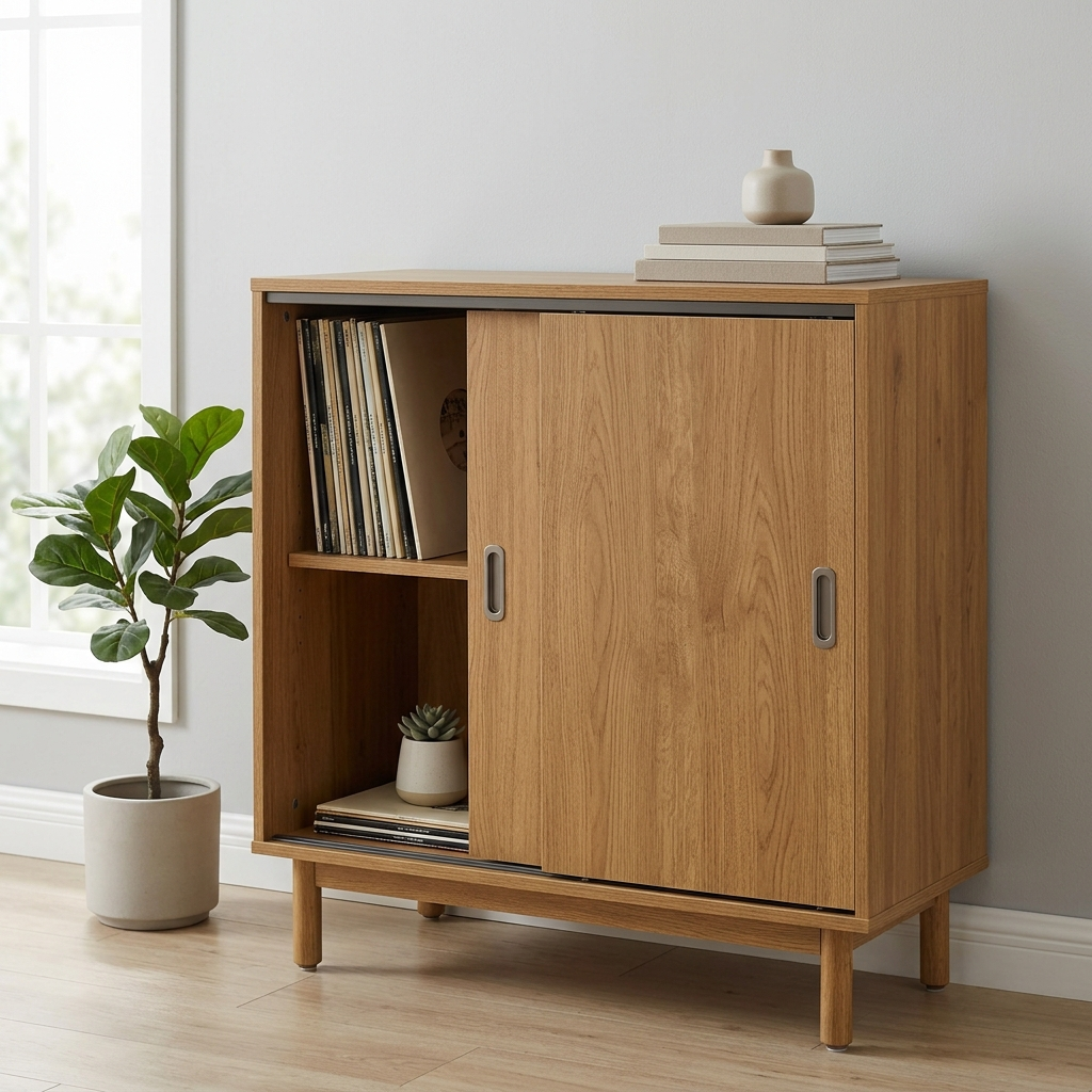 Quenzia Sliding Door Record Storage Cabinet with Adjustable Shelves - Image 4